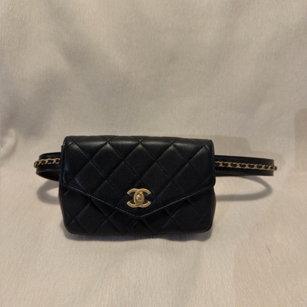 Chanel Envelope Flap Waist Bag -quilted Black Leather